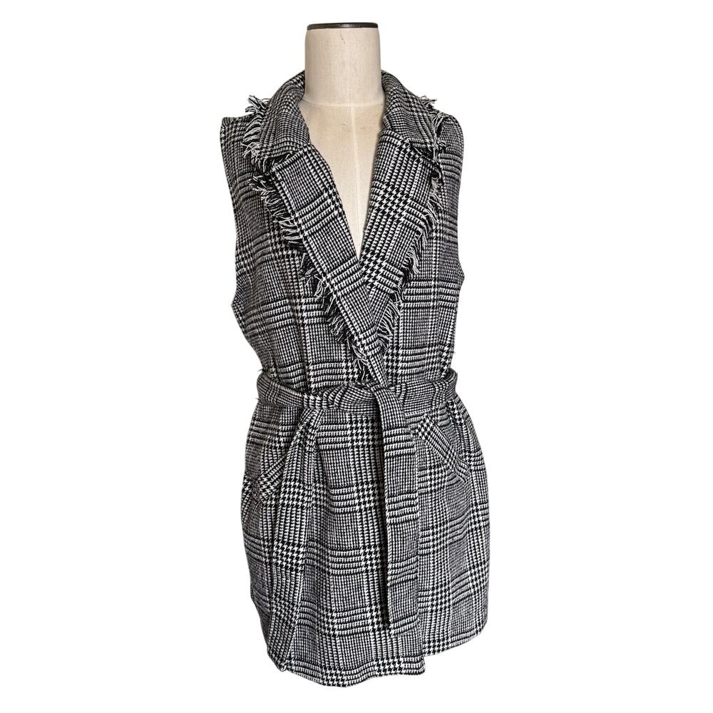 Democracy Wrap Vest Womens Size S Black Plaid Fringe Pockets Tie Belt
